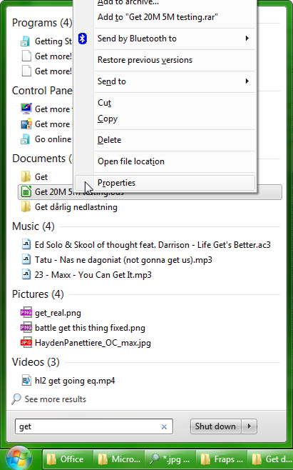 Windows 7 Start Menu view file properties